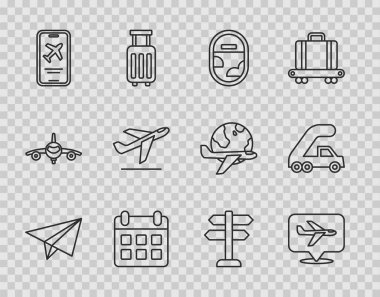 Kağıt Uçak Uçak Uçak Pencere Takvimi ve Mobil 'e bilet kalkış trafik levhası ve biniş ikonu için yolcu merdiveni koyun. Vektör.