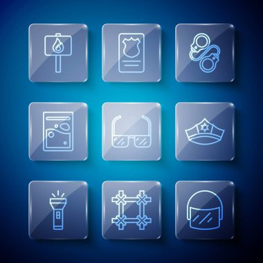 Hat el feneri hapishane penceresi polis kaskı güvenlik gözlüğü gözlüğü plastik torba uyuşturucu protestosu ve kakao ikonlu şapka. Vektör.