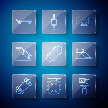 Hattı ayarla Uzun tahta ya da kaykay dizlikleri Action kamera kaykay tekerleği merdiveni raylı ve park ikonlu. Vektör.