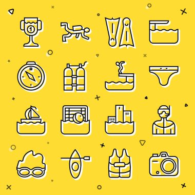 Scuba Dalış Mayoları Flippers 'ın Aqualung Pusula Ödülü' nü yüzerek havuz ikonuna yüzmesi için foto kamera dalgıç kıyafetini ayarlayın. Vektör.