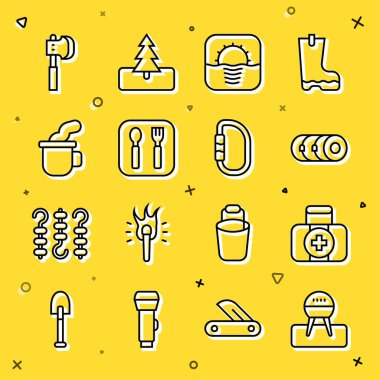 Barbekü ızgarası, ilk yardım seti, Sunrise Fork ve kaşık çay, tahta balta ve karabina ikonu. Vektör.