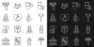 Line Hand açık artırma raketi açık arttırması. Eski vazo çekiç satışı. Üzerinde Satış ve ikon etiketi var. Vektör.