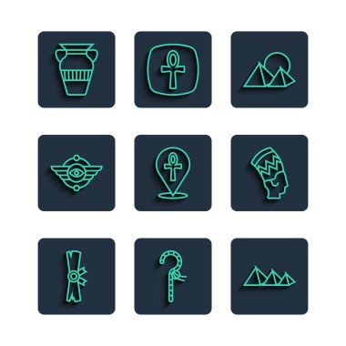 Papirüs parşömeni Crook Mısır piramitleri Ankh Mısır sembolü Kanatlı güneş vazosu ve Nefertiti ikonu. Vektör.