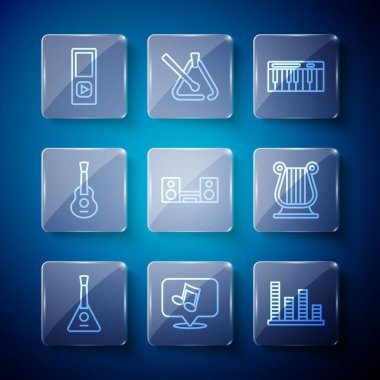 Balalaika Music nota nota eşitleyici ev stereosu iki hoparlör gitarist ve Antik Yunan lir ikonu ile ayarlandı. Vektör.