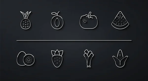 设置系列菠萝奇异果西瓜Leek草莓李子玉米和南瓜图标 — 图库矢量图片