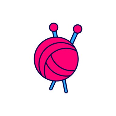 Beyaz arkaplanda izole edilmiş örgü iğneleriyle kaplanmış iplik yumağı. El yapımı, örgü ya da terzi için etiket. Vektör.