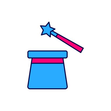 Ana hatlarıyla belirlenmiş sihirli şapka ve sihirli değnek simgesi beyaz arkaplanda izole edilmiş. Sihir numarası. Gizemli eğlence konsepti. Vektör.