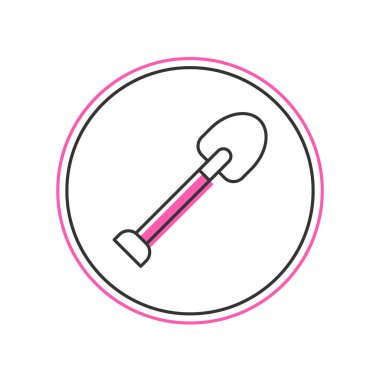 Doldurulmuş ana hatlı kürek simgesi beyaz arkaplanda izole edildi. Bahçe aletleri. Bahçecilik, tarım, çiftçilik aleti. Vektör.