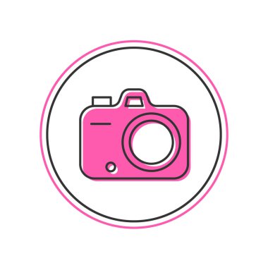 Beyaz arkaplanda izole edilmiş ana hatlı fotoğraf makinesi simgesi. Foto kamera. Dijital fotoğrafçılık. Vektör.