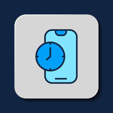 Filled outline Alarm clock app smartphone interface icon isolated on blue background. Vector.