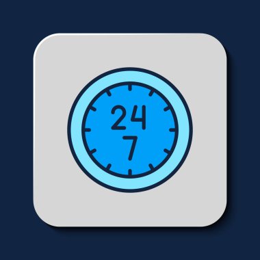 Doldurulmuş Clock 24 saat simgesi mavi arkaplanda izole edildi. Tüm gün döngü simgesi. 24 saat hizmet sembolü. Vektör.