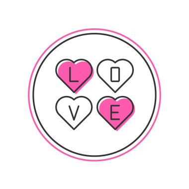 Doldurulmuş ana hatlı Aşk metin simgesi beyaz arkaplanda izole edildi. Sevgililer Günü tebrik kartı şablonu. Vektör.