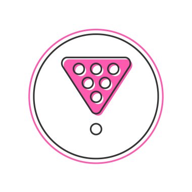 Beyaz arkaplanda izole edilmiş bir raf üçgeni simgesinde ana hatlarıyla doldurulmuş bilardo topları. Vektör