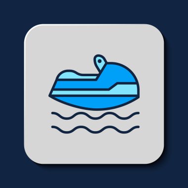 Doldurulmuş ana hatlı Jet ski simgesi mavi arkaplanda izole edildi. Su motoru. Olağanüstü bir spor. Vektör