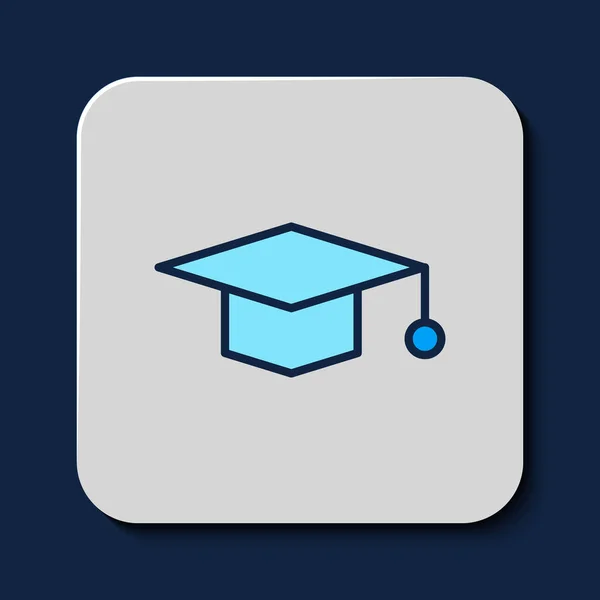 填充轮廓毕业帽图标孤立在蓝色背景 有花生酱图标的毕业帽 — 图库矢量图片
