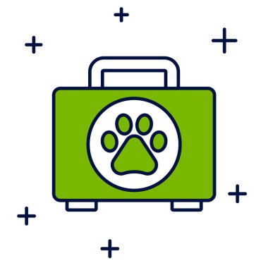 Filled outline Pet first aid kit icon isolated on white background. Dog or cat paw print. Clinic box.  Vector