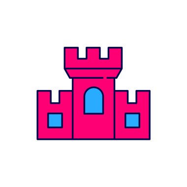 Beyaz arkaplanda izole edilmiş ana hatlı Castle simgesi. Kulesi olan bir ortaçağ kalesi. Düşmanlardan koruma. Şehrin güvenilirliği ve savunması. Vektör