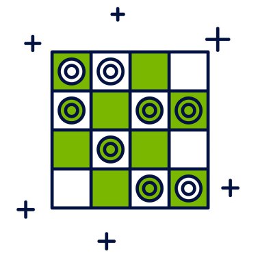 Beyaz arkaplanda izole edilmiş taslak masa oyunu dama simgesi. Antik entelektüel masa oyunu. Satranç tahtası. Beyaz ve siyah cipsler. Vektör