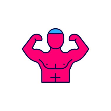 Doldurulmuş vücut geliştirici beyaz arka planda izole edilmiş kas simgesini gösteriyor. Formda kalmak, güçlü sağlık hobisi kavramı. Vektör