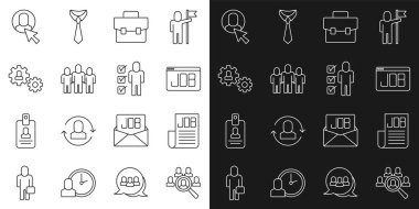 Arama işi, Arama, Evrak Çantası, Proje Ekibi Üssü, Ekipmanlı İnsan, İşçi ve Devam simgesi için çizgi büyüteç ayarla. Vektör