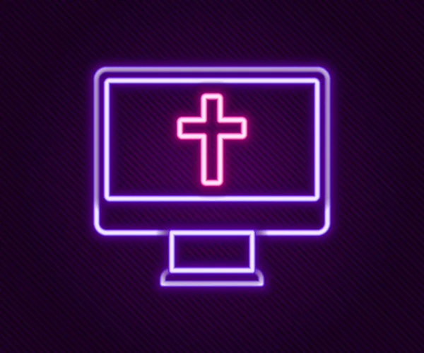 黒い背景に隔離されたモニターアイコンにネオンラインクリスチャンクロスを光る 教会の十字架 カラフルなアウトラインコンセプト ベクトル — ストックベクタ
