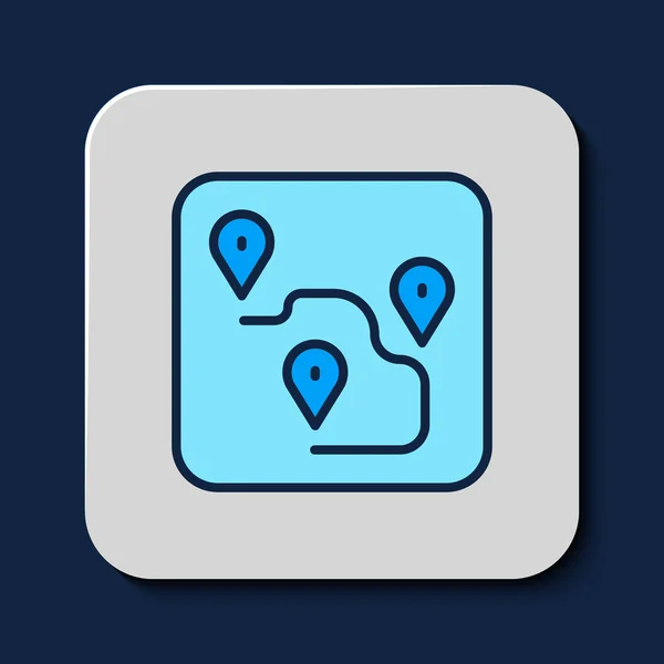 塗りつぶしのアウトライン青色の背景に隔離されたルートの場所アイコン 地図ポインタ記号 道や道の概念 Gpsナビゲーター ベクトル — ストックベクタ