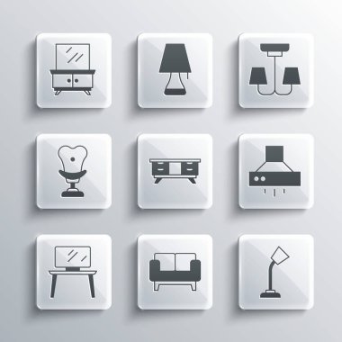 Koltuk, masa lambası, mutfak vantilatörü, TV masası standı, Koltuk, Dressing ve Avize ikonu. Vektör