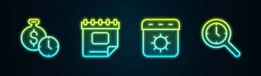 Set zamanı para, takvim, yaz ve saatli büyüteç. Parlayan neon ikonu. Vektör