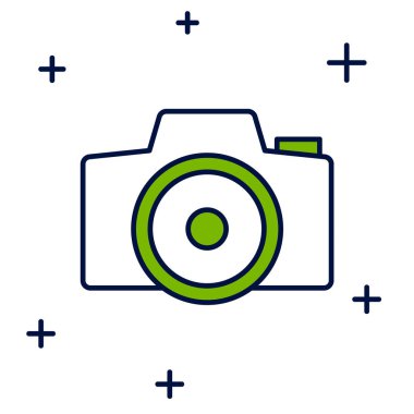 Beyaz arkaplanda izole edilmiş ana hatlı fotoğraf makinesi simgesi. Foto kamera. Dijital fotoğrafçılık. Vektör