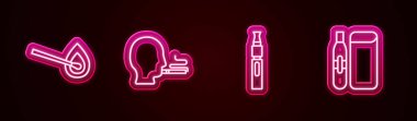 Ateşle yanan kibrit, sigara içen adam, elektronik ve... Parlayan neon ikonu. Vektör