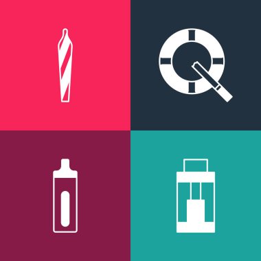 Pop sanat Vape mod cihazını, elektronik sigarayı, kül tablasını ve esrar eklemlerini, sigara ikonunu ayarla. Vektör