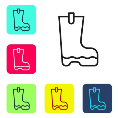 Siyah çizgi, su geçirmez lastik bot simgesi beyaz arkaplanda izole edilmiş. Yağmurlu hava, balıkçılık, bahçe işleri için çizme. Renkli kare düğmelerle simgeleri ayarla. Vektör