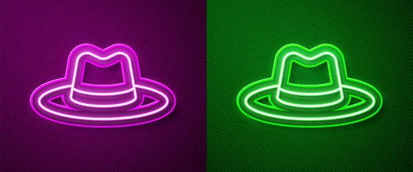 Светящийся Неоновая Линия Человек Шляпа Иконкой Ленты Изолированы Фиолетовом Зеленом — стоковый вектор