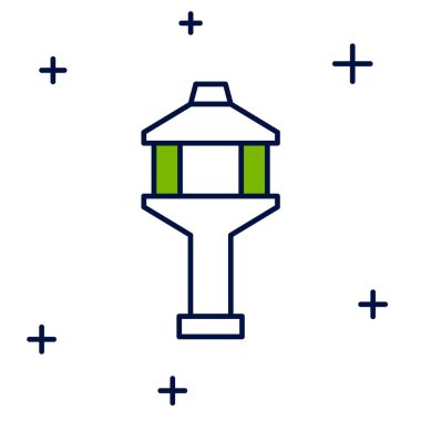 Beyaz arka planda izole edilmiş ana hatlı havaalanı kontrol kulesi simgesi. Vektör