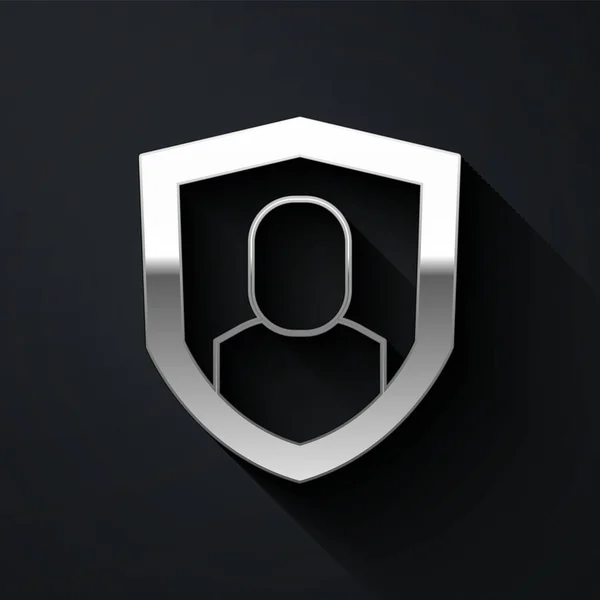 Srebrna Ikona Ochrony Użytkownika Izolowana Czarnym Tle Bezpieczne Logowanie Użytkownika — Wektor stockowy