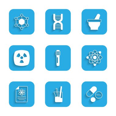 Test tüpünü, laboratuvar camını, ilaç hapını, Atom 'u, Kimya raporunu, Radyoaktif' i, Havan topuzunu ve molekül simgesini hazırlayın. Vektör