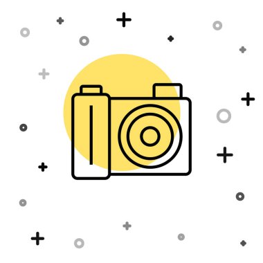Siyah çizgi fotoğraf makinesi simgesi beyaz arkaplanda izole edildi. Foto kamera. Dijital fotoğrafçılık. Rastgele dinamik şekiller. Vektör