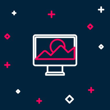 Satır Fotoğraf rötuşlama simgesi mavi arkaplan izole. Fotoğrafçı, fotoğrafçılık, rötuş ikonu. Renkli taslak konsepti. Vektör