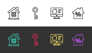 Set Evi, Anahtar, Çevrimiçi emlak evi ve siyah-beyaz indirimli. Vektör