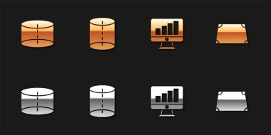 Geometrik şekil silindirini, grafik grafikli bilgisayar monitörünü ve akut trapezoid şekil simgesini ayarla. Vektör
