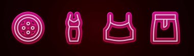 Giysiler için çizgi dikiş düğmesi, kadın elbisesi, kadın hasat bluzu ve etek. Parlayan neon ikonu. Vektör