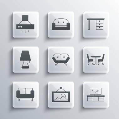 Resim seti, televizyon masası, sandalyeli masa, kanepe, lamba, mutfak vantilatörü ve ofis masası ikonu. Vektör