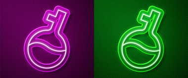 Parlayan neon hattı test tüpü ve mor ve yeşil arkaplanda izole edilmiş kimyasal test ikonu. Laboratuvar cam levhası. Vektör