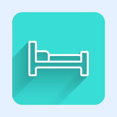 Beyaz çizgi yatak simgesi uzun gölge arkaplan izole. Yeşil kare düğmesi. Vektör