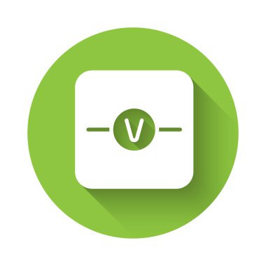 Beyaz Voltmetre elektronik bileşen simgesi uzun gölge arkaplanı ile izole edildi. Eğitim için elektrik fiziği şeması. Yeşil daire düğmesi. Vektör