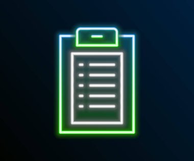 Siyah arka planda izole edilmiş klinik rekor simgesi olan parlak neon çizgisi tıbbi pano. Sağlık sigortası formu. Reçete, tıbbi kontrol işaretleri raporu. Renkli taslak konsepti. Vektör