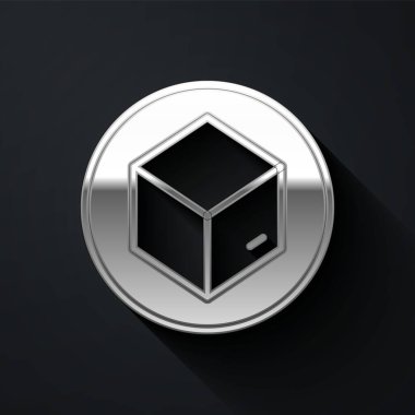 Siyah arka planda izole edilmiş gümüş karton kutu simgesi. Kutu, paket, paket işareti. Teslimat ve ambalaj. Uzun gölge tarzı. Vektör