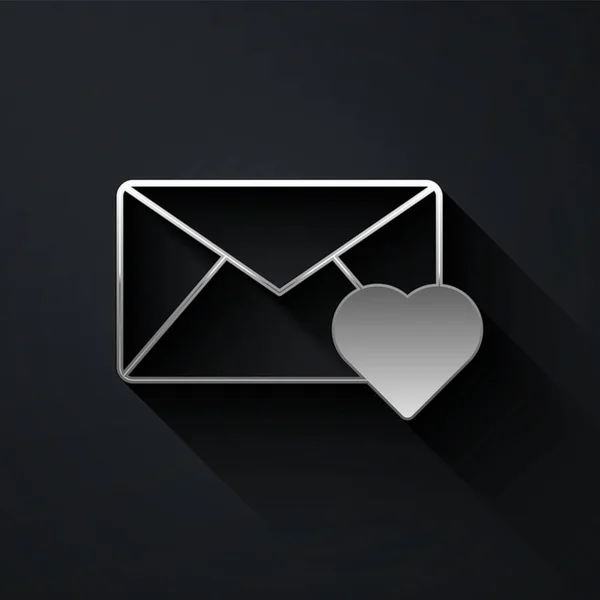 银质信封 有情人节心脏图标 背景为黑色 爱的信息信上的爱情和浪漫长影子风格 — 图库矢量图片