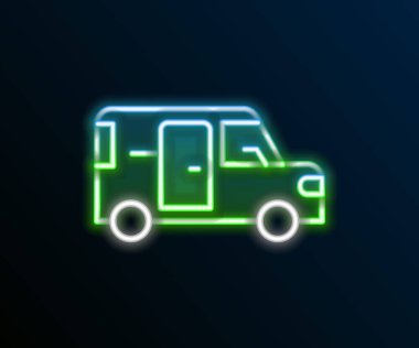 Parlayan neon hattı Minibus simgesi siyah arkaplanda izole edildi. Renkli taslak konsepti. Vektör