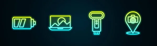 Set Line Battery Camera Photo Retouching Flash Glowing Neon Icon — Stock Vector
